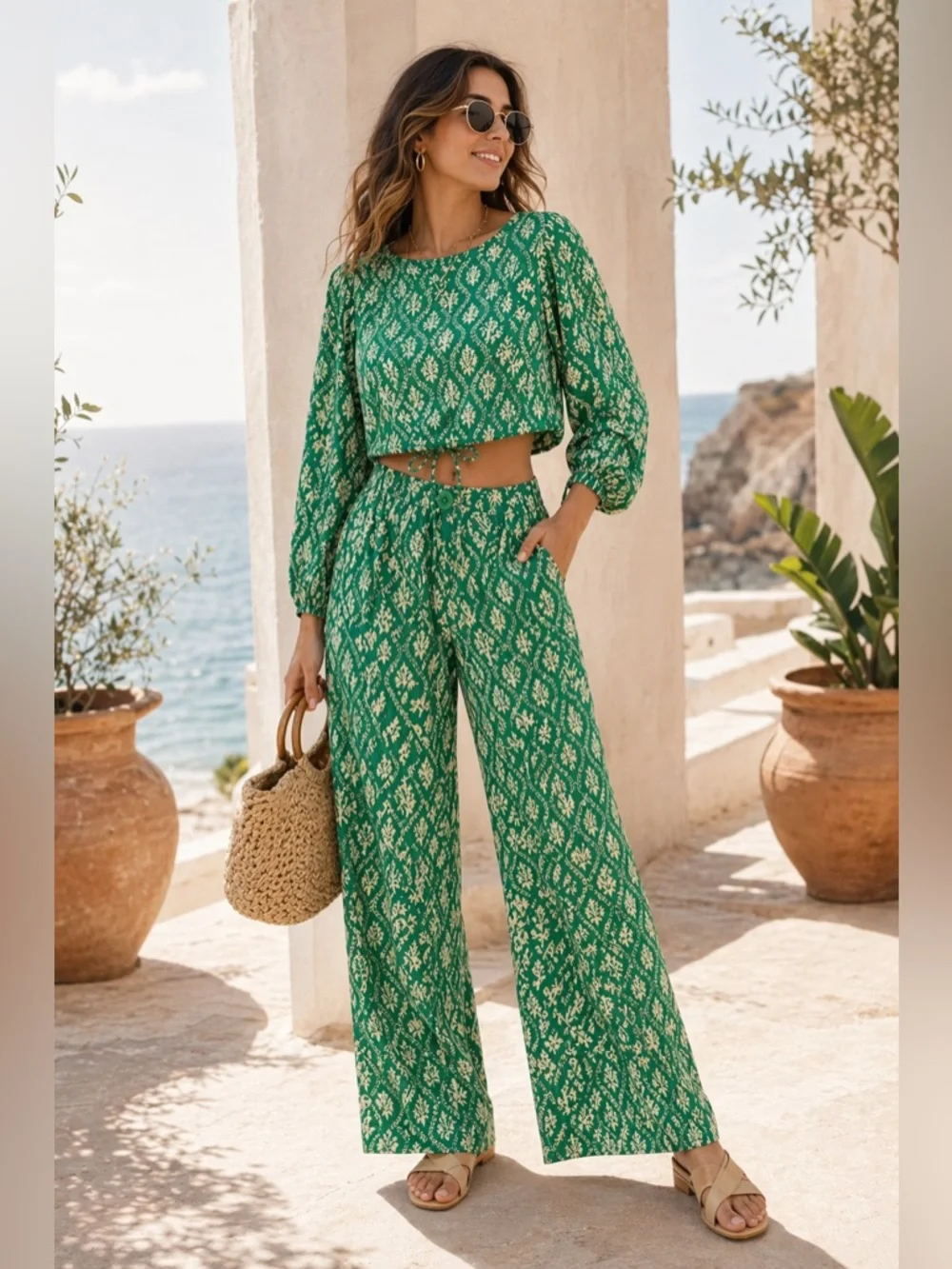 Zara matching set green print crop blouse wide leg pants S resort chic - Picture 1 of 11